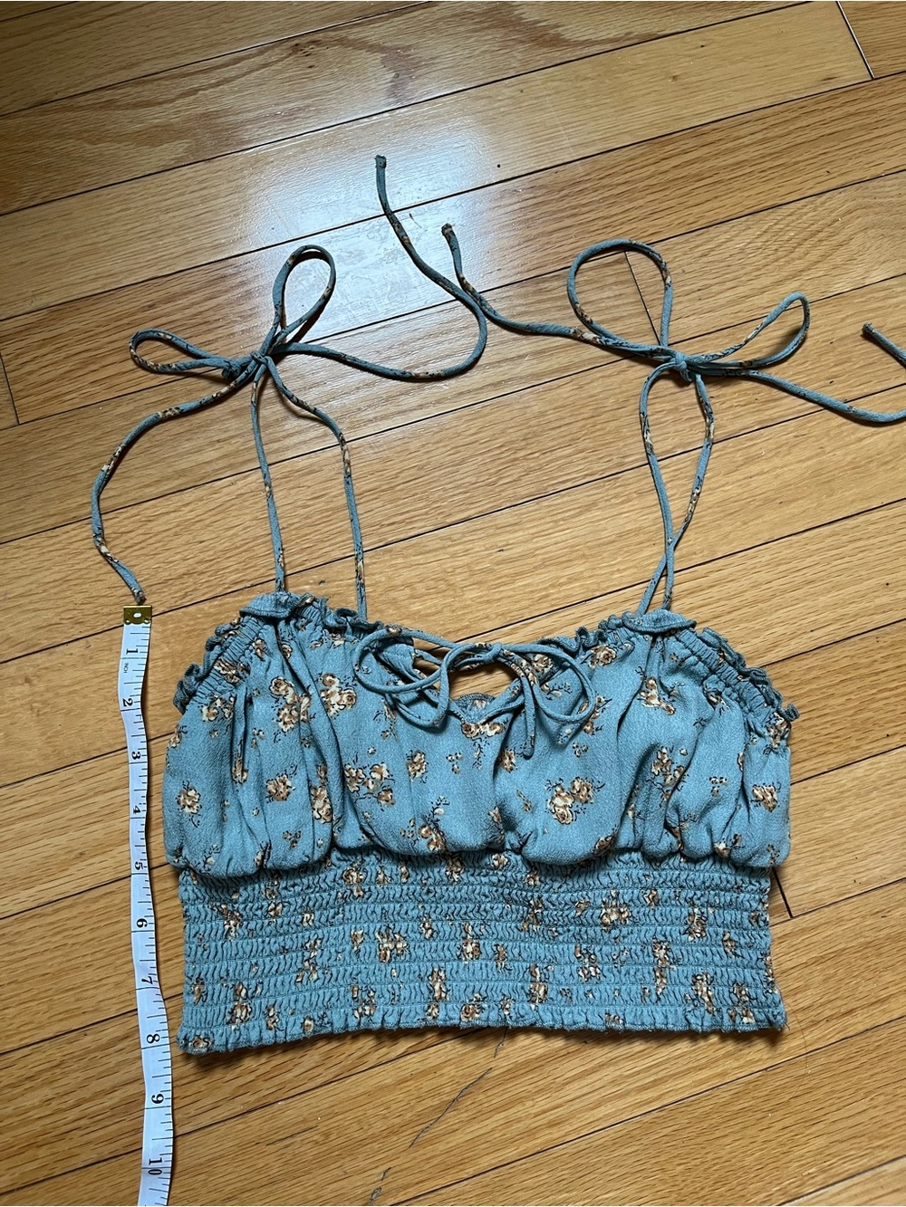 Blue Floral Smocked Tie-Strap Crop Top - Picture 2 of 7